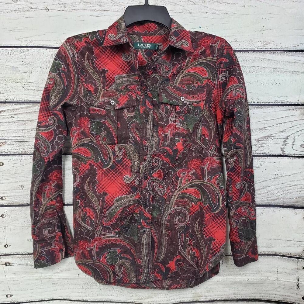 Lauren Ralph Lauren SMALL Petite Red Paisley Button Front Blouse